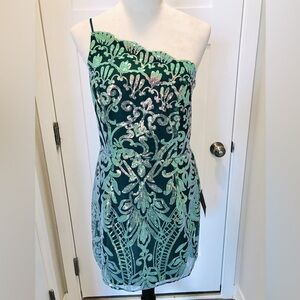 Mesmerizing Shine Green Sequin One-Shoulder Mini Dress